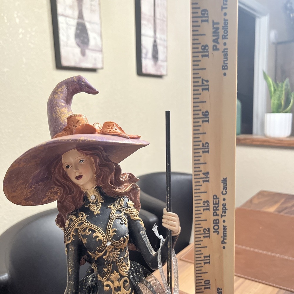 Bella Lux Gothic Witch Figurine Halloween Decor Black Gold Tulle Gown Broom 18in - Picture 10 of 10